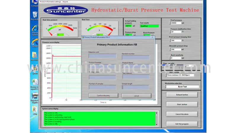 Hydraulic test machine with 10 bar-6000 bar pressure range